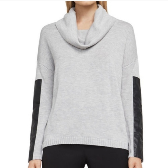 Cowl-neck leather sleeve sweater